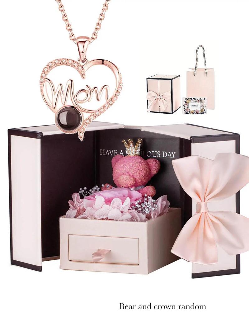 Elegant Heart Shaped Rhinestone Decor Pendant Necklace with Flower Rose Box, Fashionable Heart Design Necklace for Women, Elegant Jewelry for Wedding Party, Accessories, Valentine's Day, Gifts for Her, Mother's Day Gifts, Gift Set for Mothers, Love