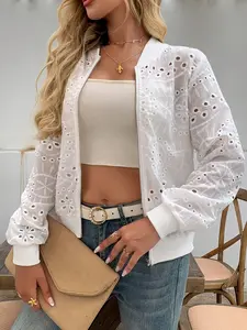 Women's Solid Color Woven Fabric Zipper Cut-Out Short Flight Jacket, Perfect for Summer Outdoor Casual Wear, Stylish and Comfortable