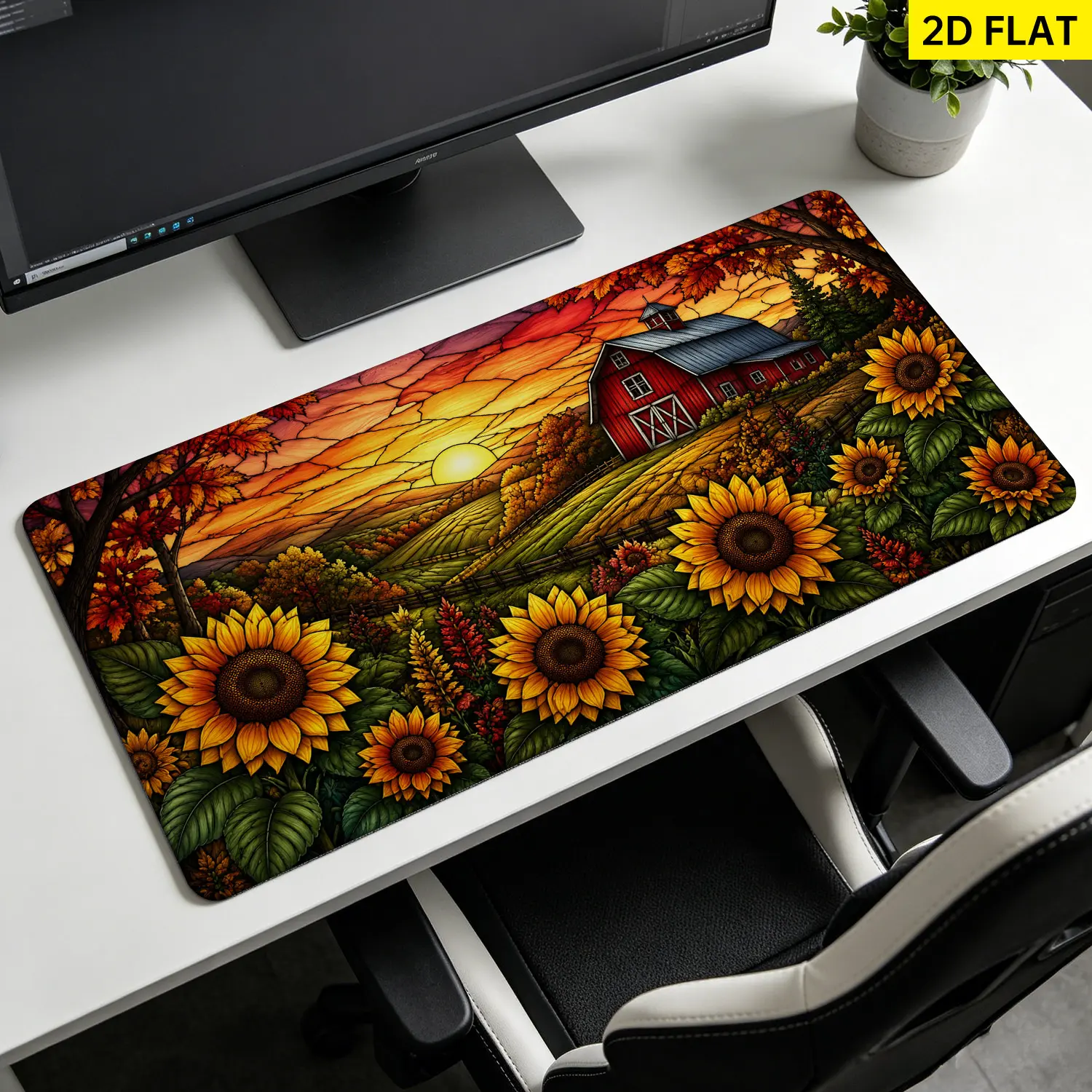 Extra Large sunset farm and sunflowers stained glass art Mouse Pad,Non Slip Rubber Pad,Desktop Decoration Drotection Pad,Washable,Lock Edge Multi Size,Premium Multipurpose Mousepad For Home,Office,Gift for Family and Friends