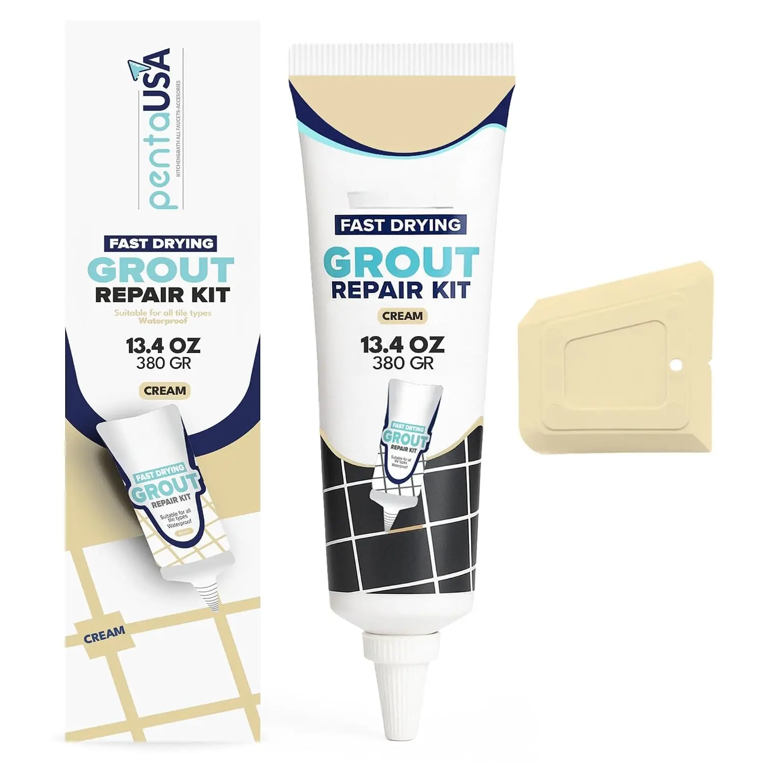 Premixed Sanded Tile Repair Grout Kit (13.4oz/380g) - Beginner-Friendly, Scraper Tool Included, Multi-Shade (Red,Blue), Water Resistant, Indoor Use, 44 sq ft Coverage for Homeowners' Bathroom Ceramic Tiles, Square Feet