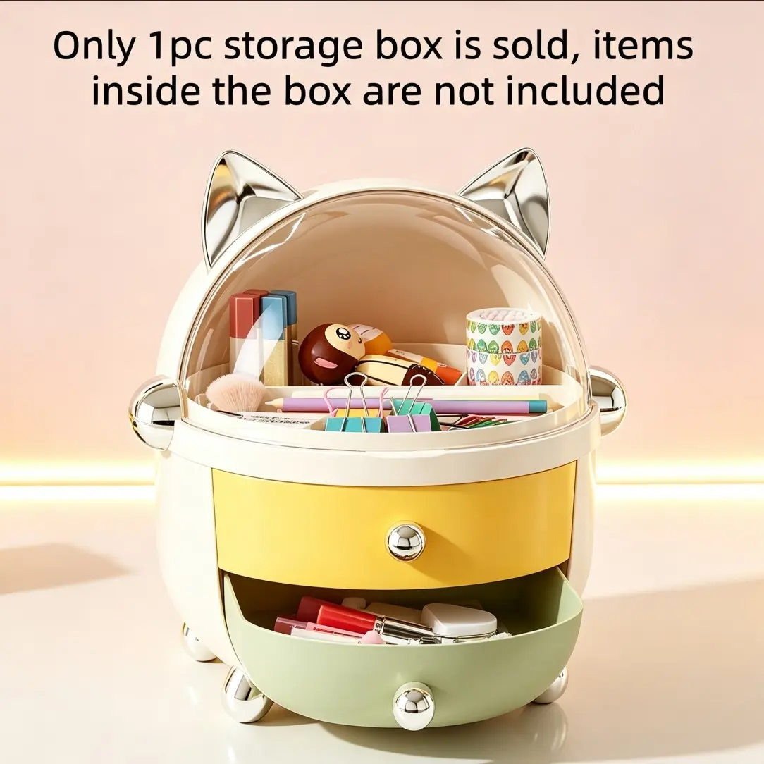 Kawaii Cat Ear Desktop Storage Box, Multi-Layer Drawer, Dustproof Organizer for Stationery, Cosmetics, Hair Accessories