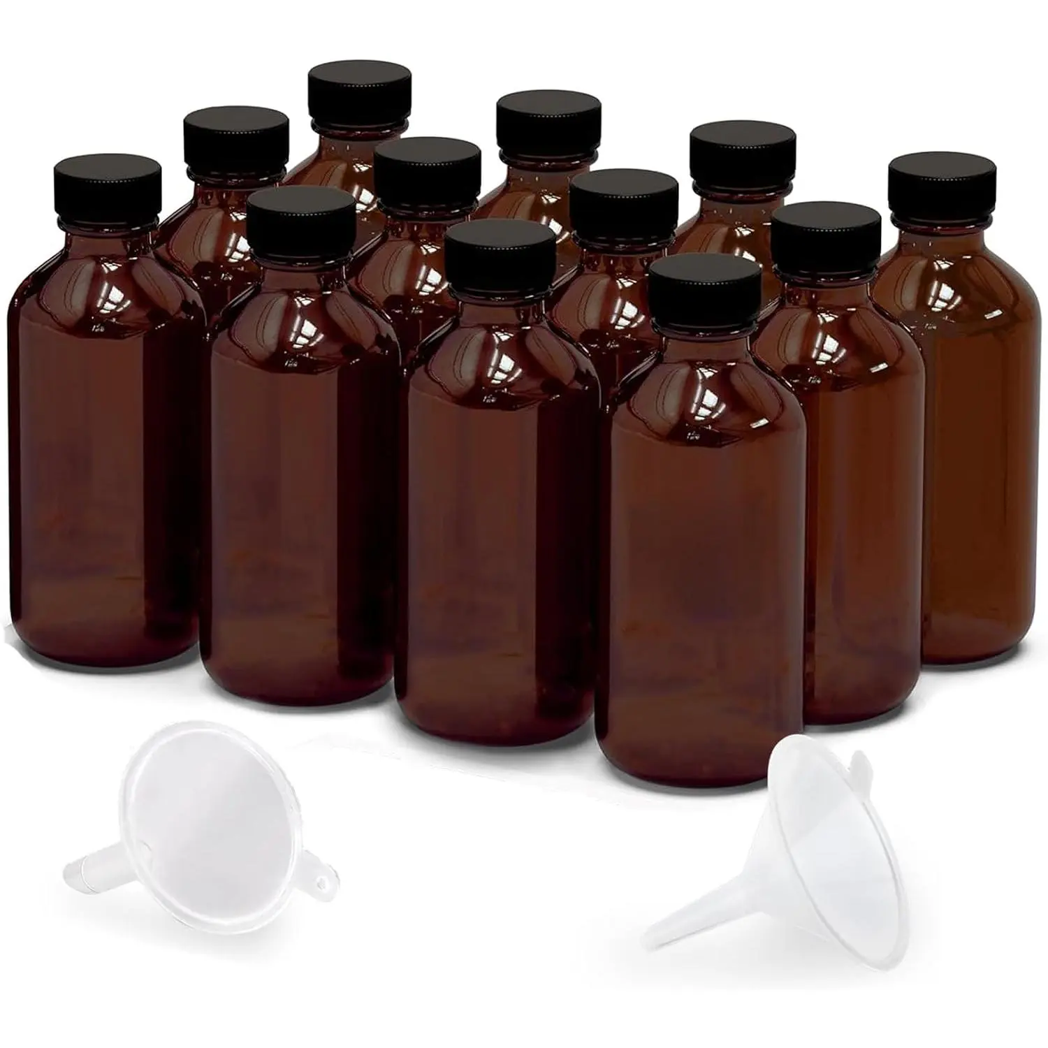 12-Pack 2oz Round Leakproof Brown Glass Extract Storage Bottles with Caps, Bonus Funnel - Ideal for Homemade Extracts, Essential Oils, DIY Gifts, Christmas Party Supplies