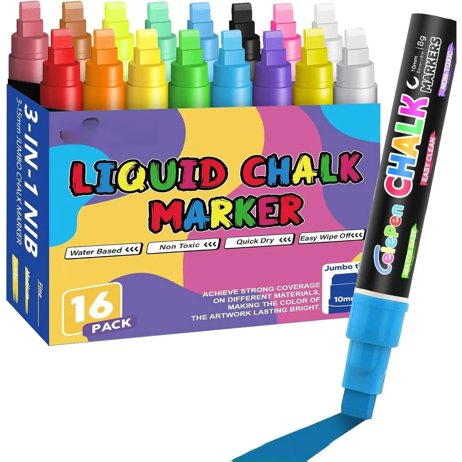 Window Chalk Markers for  Glass Washable, 16 Colors  Liquid Chalk Marker Pens with 10mm 3 in 1 Nib Wide Tips, Big Chalkboard Markers  Window  Pens for Auto, Bistro, Mirror, Poster