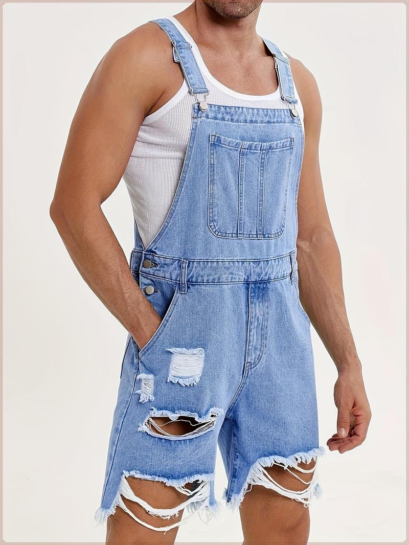 Runcati Men's denim shorts bib overall jean romper, offering a casual loose fit with buttoned pockets, perfect for summer wear as a comfortable and stylish jumpsuit.