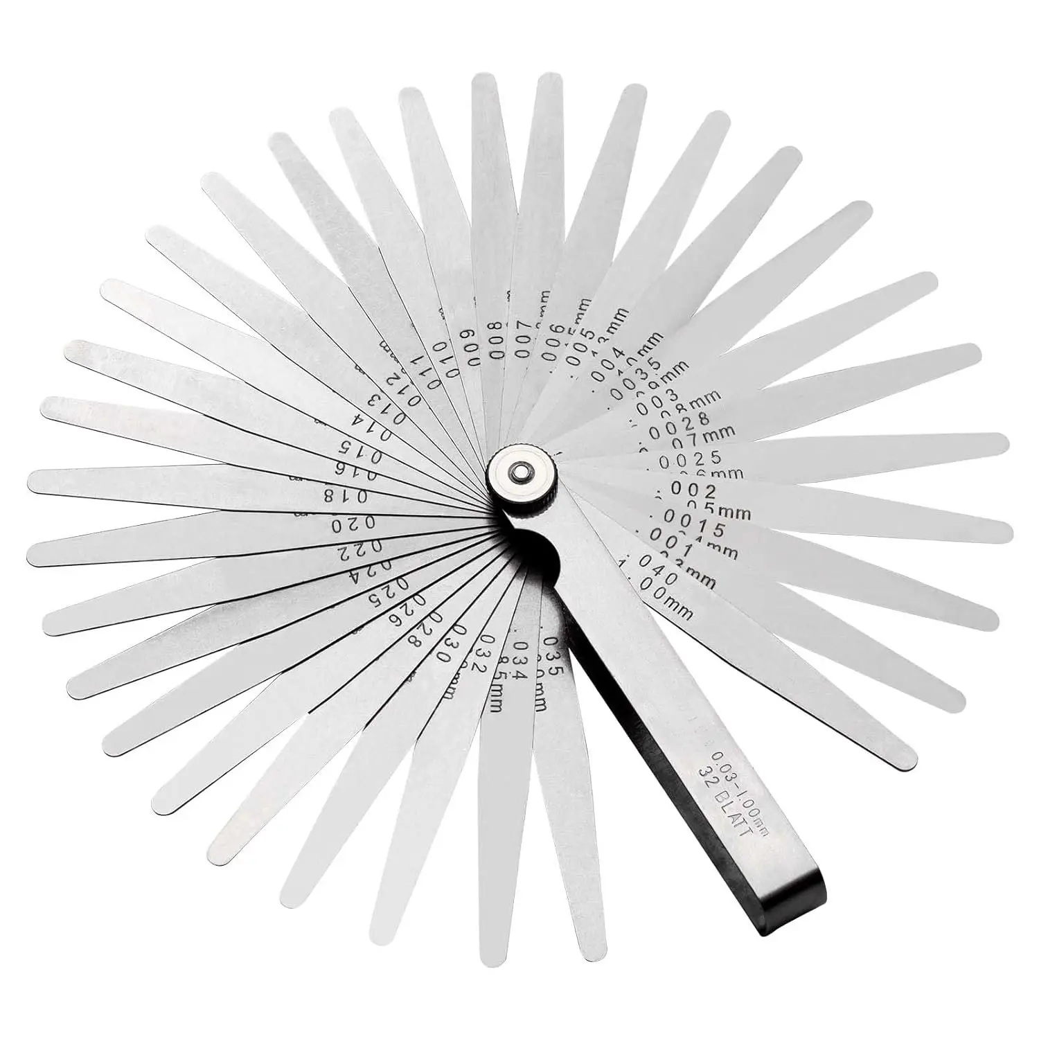 Feeler Gauges 0.001-0.04" (0.03-1.00mm) 32  Tapered Feeler Gauge Set Stainless Steel  Marked SAE and Metric for Measuring Gap Thickness or Width for Spark Plug, Valve, , Guitar