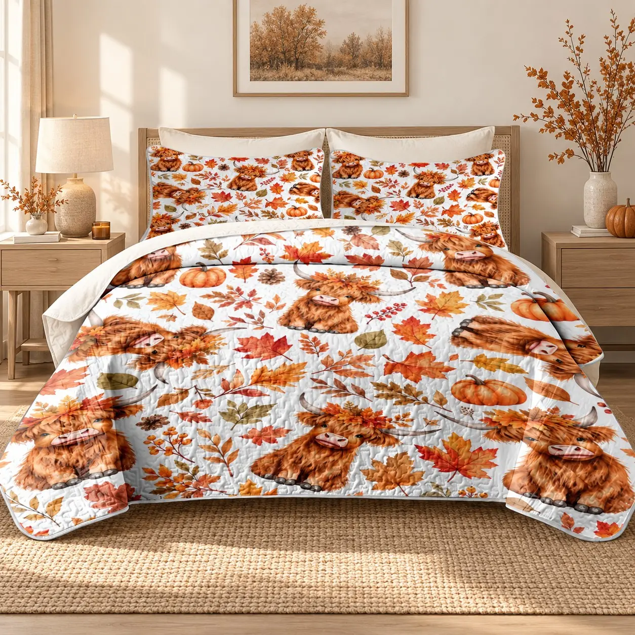 3 Pcs Fall Highland Cow Bedspread Quilt Set, Cozy Bedding Set, Pumpkin Maple Leaf Farm Animal Farmhouse Print, Quilted Coverlet with 2 Pillow Shams, Western Country Thanksgiving Bedding, Bedroom Decor, King, Queen & Full Size Bedspread