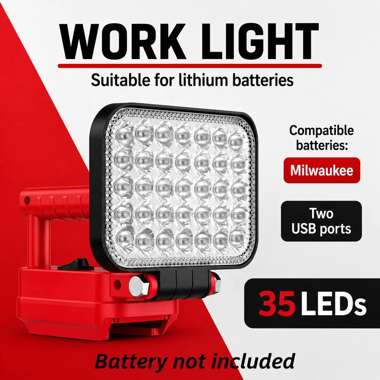 Wireless LED Work Light for Milwaukee 18v Battery, 14w 1600lm Wide Beam, Dual USB Charging Ports, Ideal for Emergency, Workshop, Garage