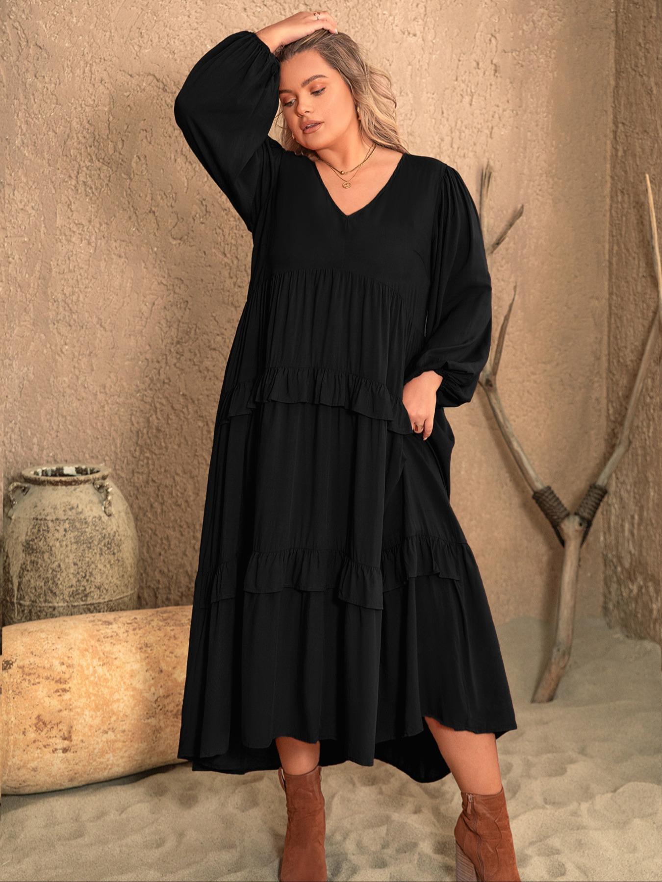 Plus Size Plain Woven Lantern Sleeve Tiered Ruffle Trim Smock Dress, Womenswear Elegant Style Aesthetic V Neck Long Sleeve Dress for Vacation Party Wedding Guest, Women's Clothes for All Seasons