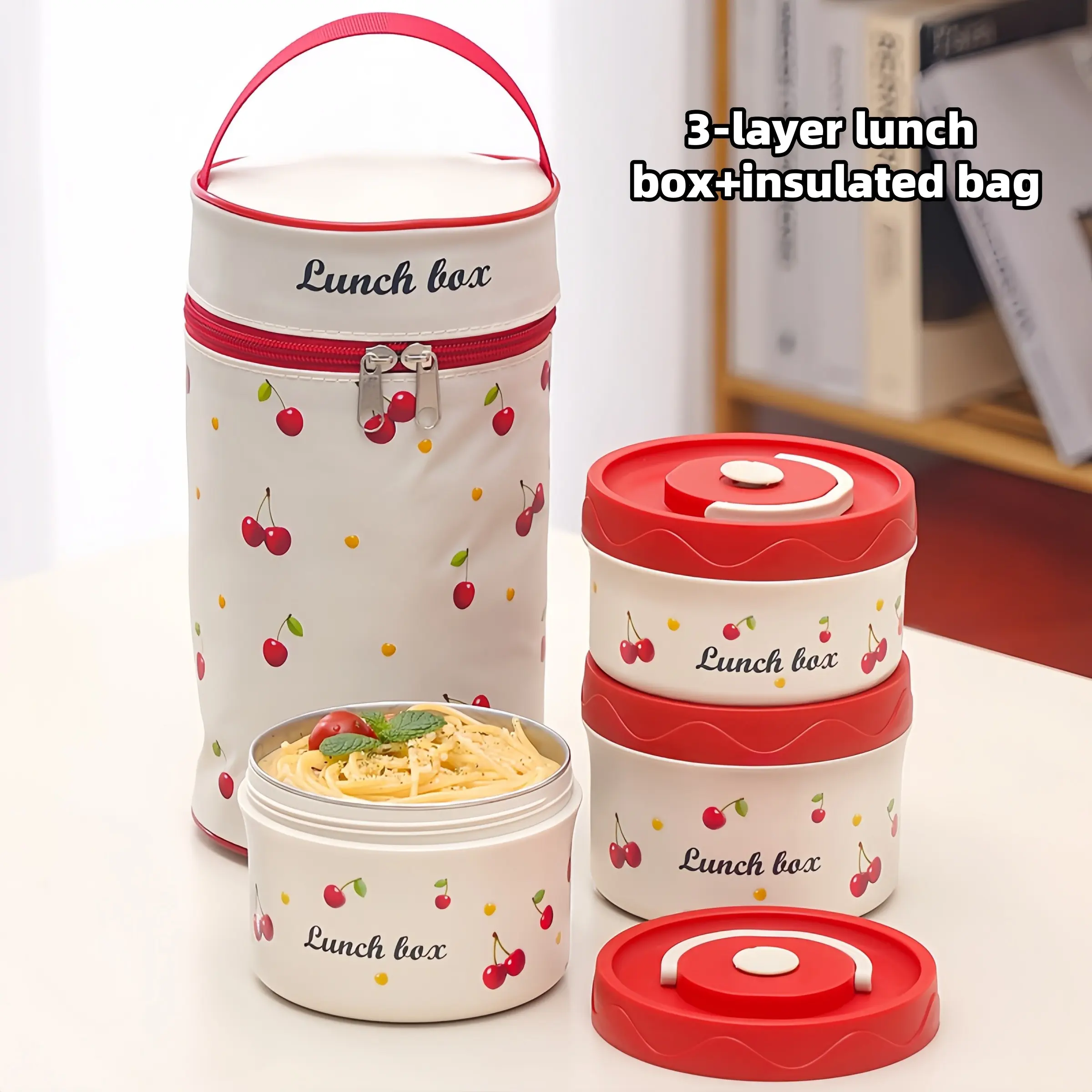 3-4 Layer Stainless Steel Insulated Lunch Box Set with Bag, Cherry Pattern, Microwave Safe, Leak Proof, Portable, Ideal for Office, School, Camping