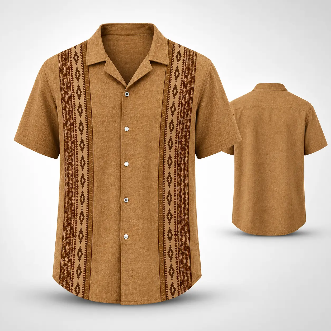 Plus Size Men's Short-Sleeve Vintage Geometric Ethnic Print Button-Up Shirt - Lapel Menswear Casual Top for Party, Holiday, Tops, Shortsleeve, Polyester