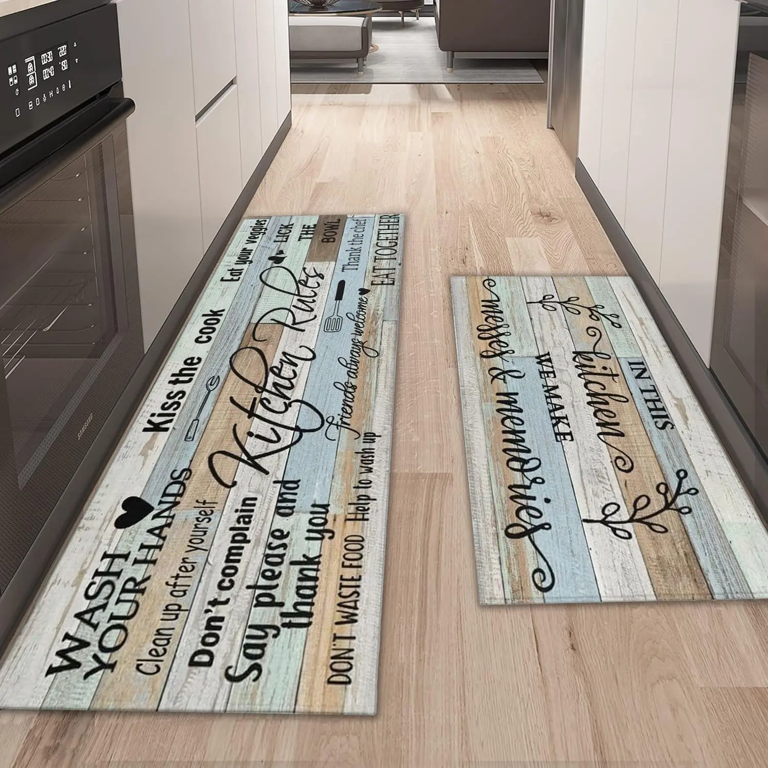 Kitchen Rules Rugs Set of 2,Washable Kitchen Mats 14x24+20x47 | Low Pile • Non Slip Rubber Backing • Machine Washable • Kitchen Rules Design • Soft Microfiber