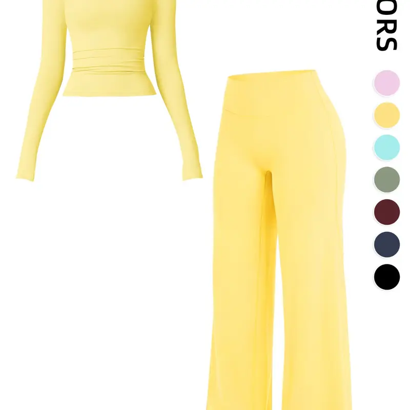 Women's Two-Piece Activewear Set with Long-Sleeve Top and High-Waisted Wide-Leg Pants, Yoga and Gym Outfit, Sport Suit for Spring and Fall