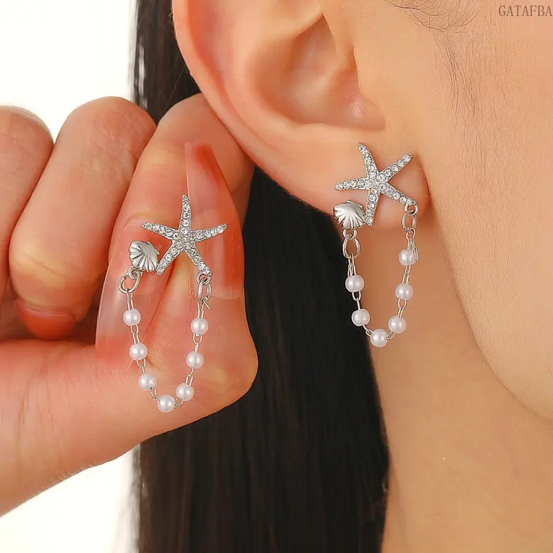Vintage Beach Style Starfish Shell Chain Stud Earrings, Elegant Ocean Fashion Jewelry for Women