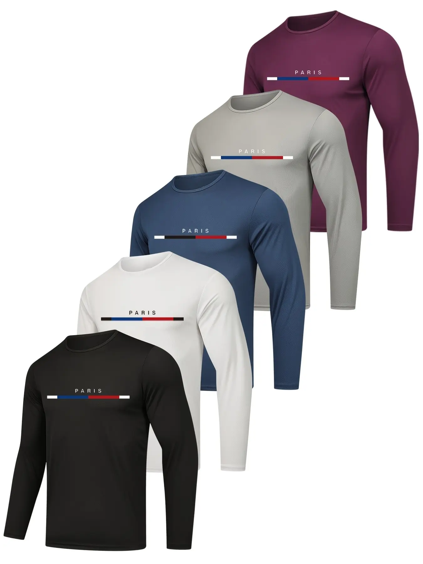 5 Pack Men's Long Sleeve T-Shirts, Menswear, Breathable Polyester, Paris Print, Fitted, Spring & Fall, Sporty, Casual, Geometric Pattern, Lettuce Trim, Top