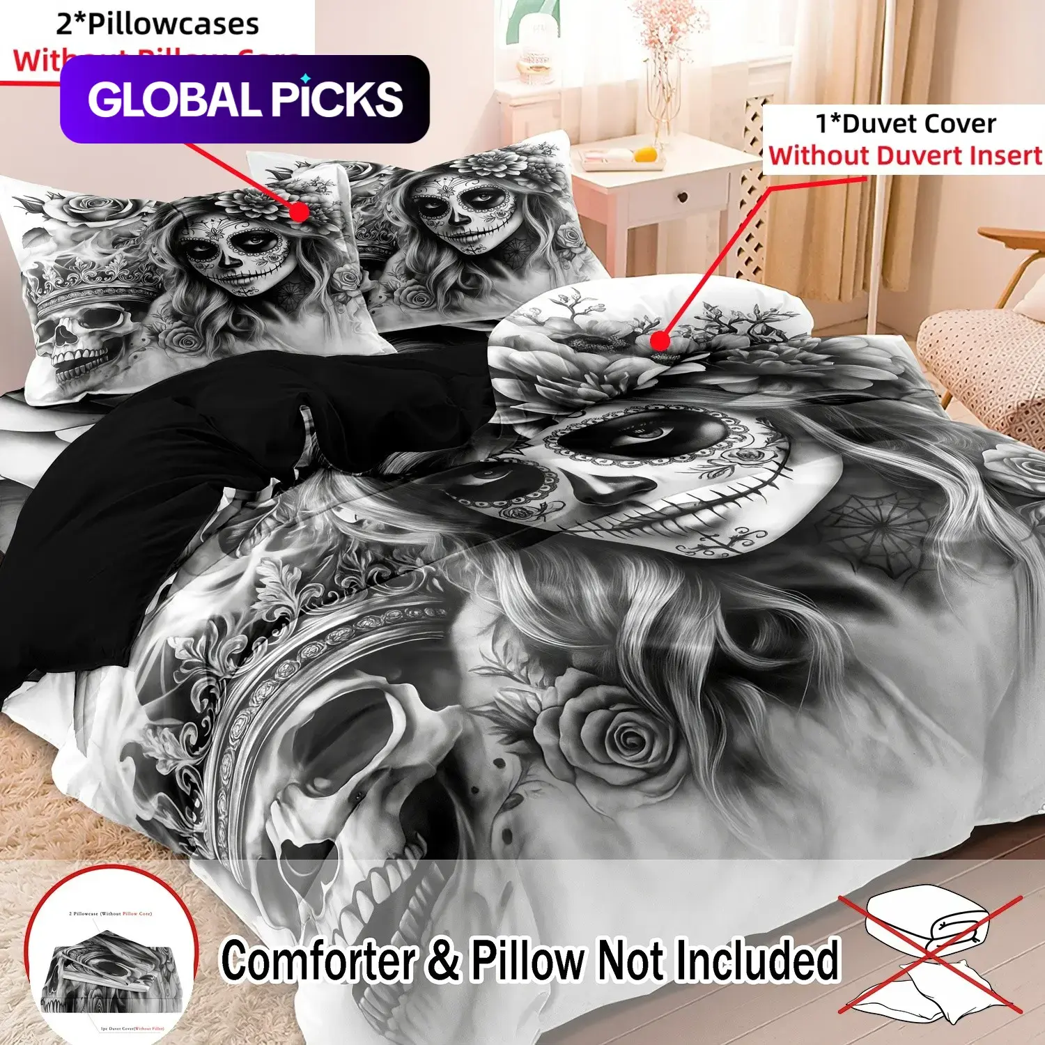 3Pcs Gothic Skull Queen Print Decorative Duvet Cover Set, Black White Floral, For Family Bedrooms Dormitories Hotels (1 Duvet Cover + 2 Pillowcases No Comforter No Pillow) Duvet Covers Sets #GLOBAL PICKS