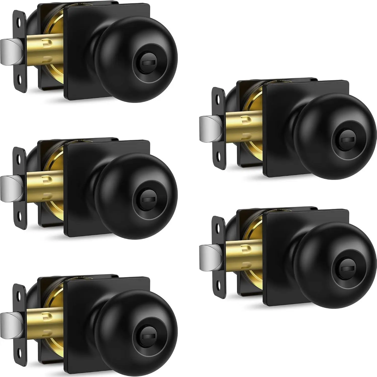 5 Pack  Door Knobs Interior, Matte Black Keyless Door Locks for Bedrooms Bathrooms - ANSI Grade-3 Certified Square Modern Locking Doorknob - Round Door Knob with Lock, Heavy Duty