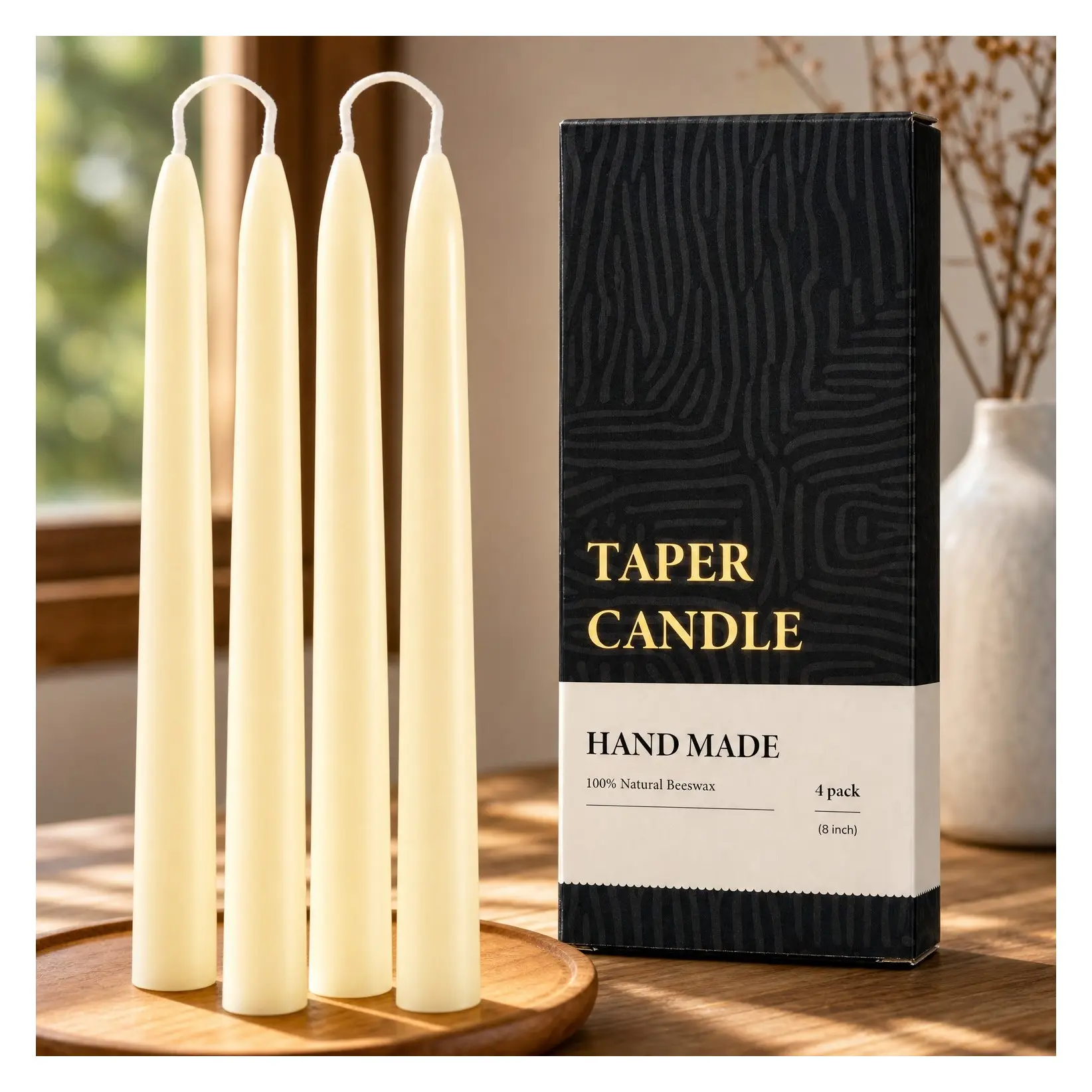 8 Inch Beeswax Taper Candles 4 Pack - All Natural, 100% Pure Unscented, Dripless, 5 Hours Burning Time - Off WhiteGift