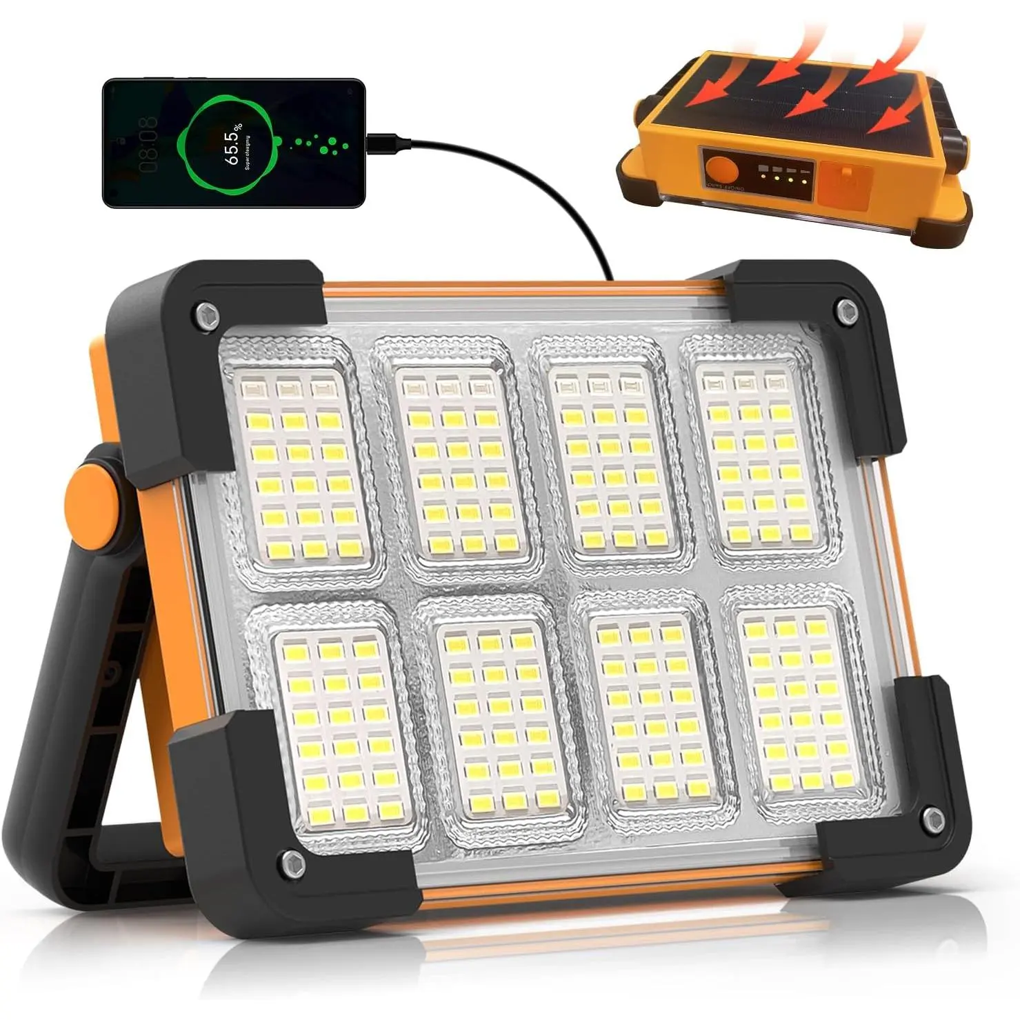 120W Solar Rechargeable 144 LED 10000LM Work Light with 4 Modes, Portable Flood Light with Stand, IP66 Waterproof Outdoor Light for Emergency Mechanic Camping Repair Yellow