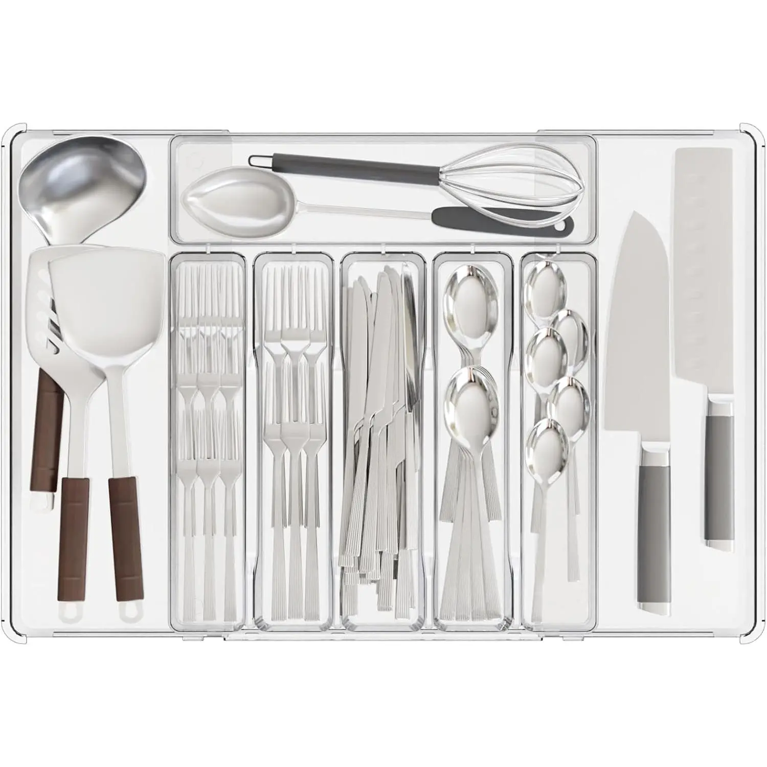Clear Expandable Silverware Drawer Organizer - Adjust From 11'' to 22'' - Knife,Cutlery,Spoons and Forks Organizer,Large 8 Grid Flatware,Silverware Tray,Utensil Organizer for Kitchen Drawers