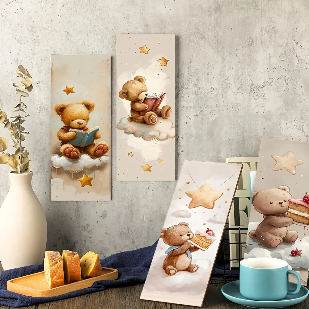 4 Pieces Cute Bear Cloud Star Wooden Wall Art Set, Cartoon Teddy Bear Reading Book Eating Cake Wood Wall Decor, Soft Neutral Nursery Wooden Hanging Plaque for Baby Bedroom Kids Room