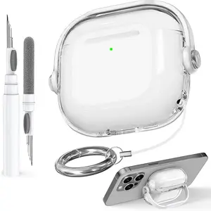 Transparent Lock AirPods 4 Case with Stand Function, Durable Anti-Lost Earphone Protective Cover, Headphone Accessories, Includes Cleaner Kit & Carabiner, Compatible with Apple AirPods 4 2024