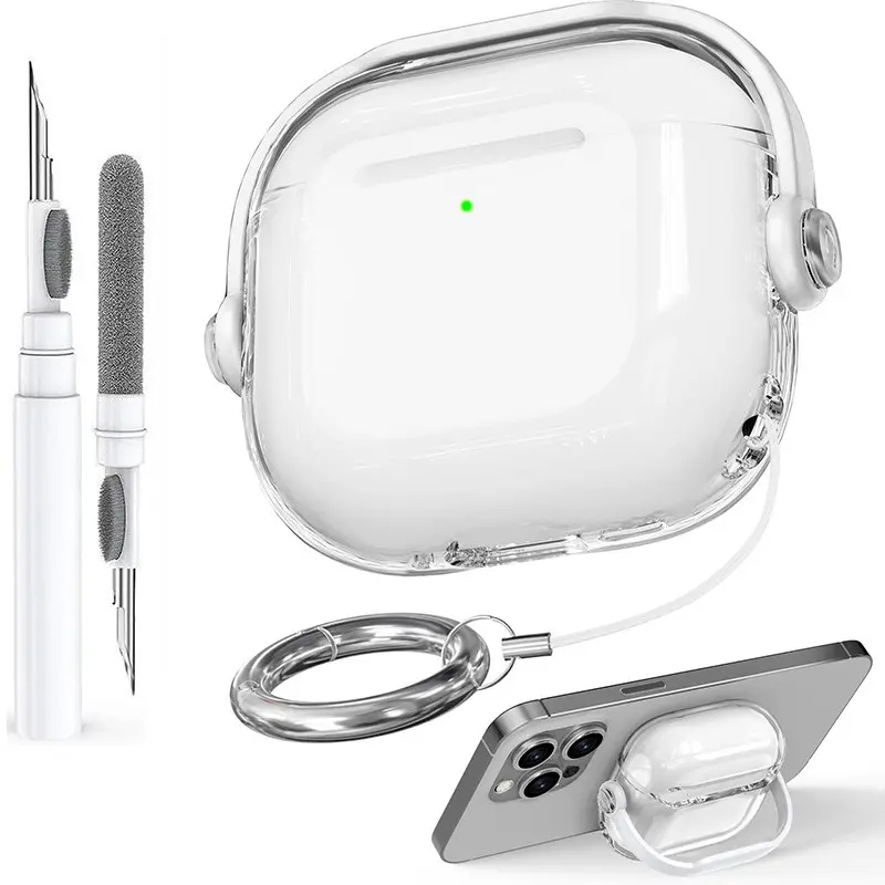 Transparent Lock AirPods 4 Case with Stand Function, Durable Anti-Lost Earphone Protective Cover, Headphone Accessories, Includes Cleaner Kit & Carabiner, Compatible with Apple AirPods 4 2024