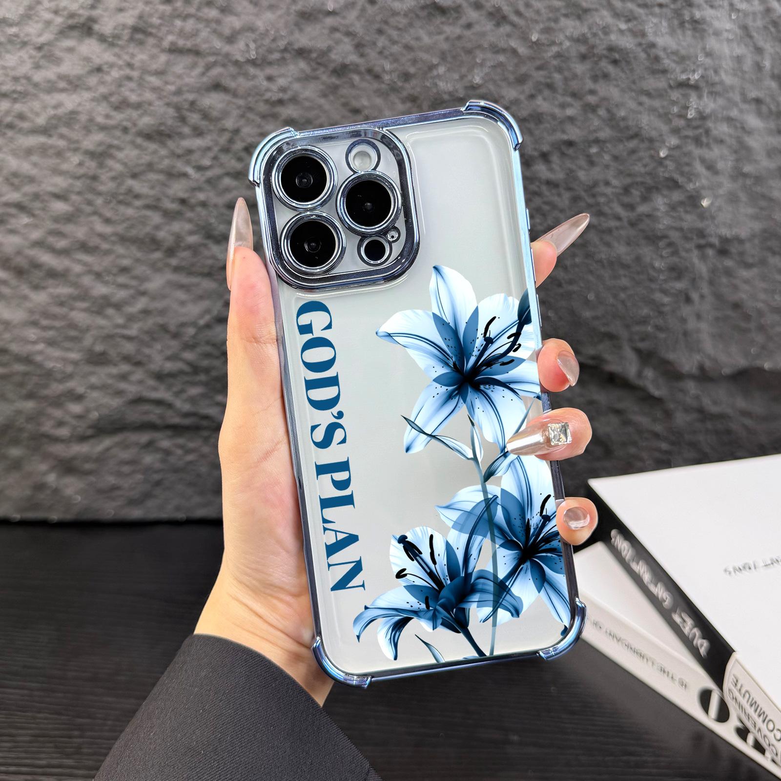 Elegant Blue Floral God's Plan Case For iPhone Samsung Galaxy 17Pro Max Air 16 15Plus 14 13 12 11 XR XS S25 S24 S23 S22 Sparkly Glitter Inlay Electroplated Corner Protection With Portable Strap Accessory NN124