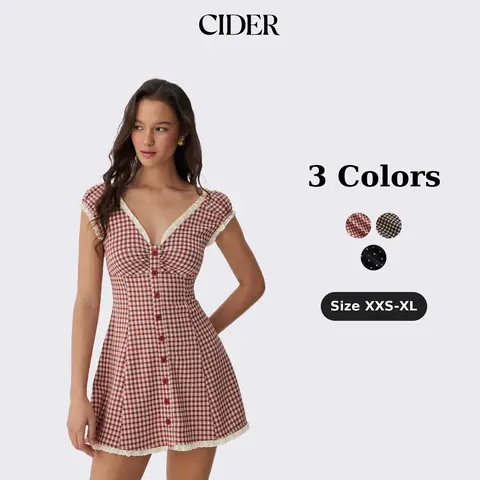 Cider Gingham V-neck Short Sleeve Ruched Lace Trim A-line Mini Dress