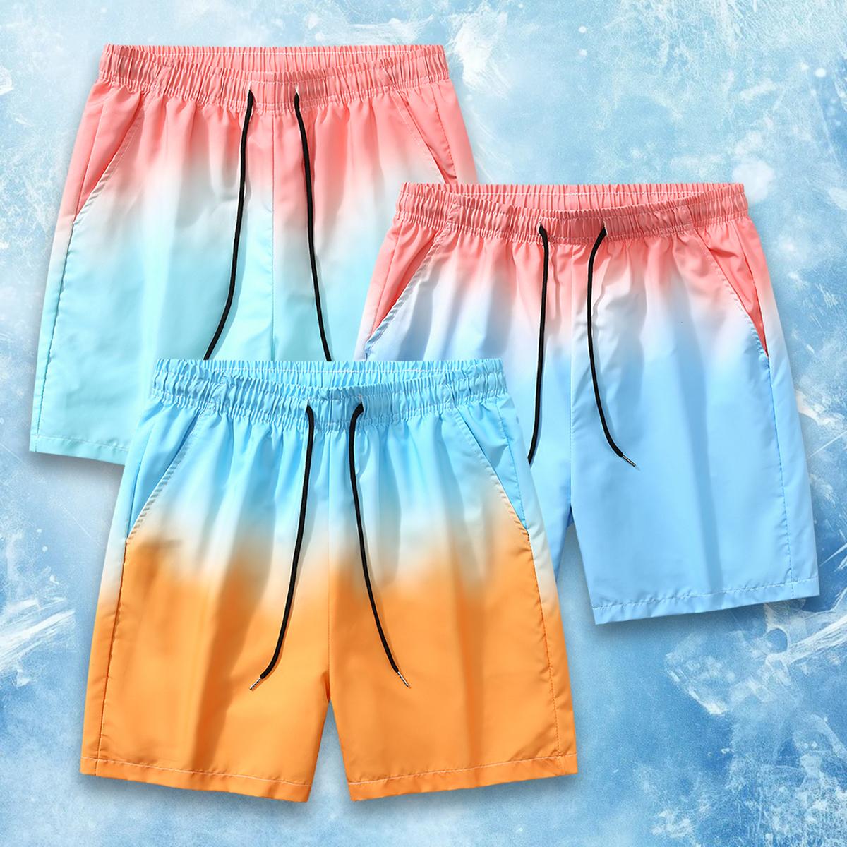 Y2K Aesthetic Men's Gradient Color Block Swim Shorts, Oversized Loose Fit Drawstring Casual Board Shorts, Quick Dry Lightweight Summer Streetwear, Trendy Ombre Print 5 Inch Swim Trunks for Skateboarding, Beach Vacation, Daily Outfit, Unisex S-XL