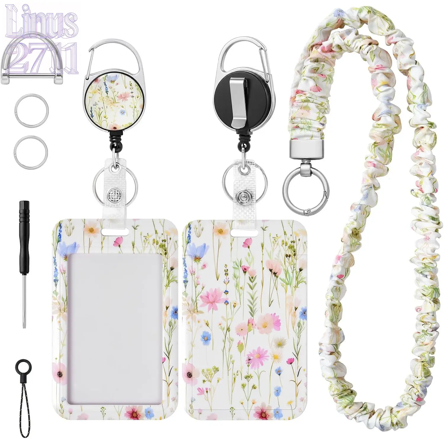 Fresh Floral Scrunchie Lanyard & ID Badge Holder Set, Double Sided Printed Card Cover with Retractable Badge Reels, Ruffled Fabric Neck Strap, Complete Hardware Accessories Kit, Fashion Work Name Tag Protector, Anti-lost Work Card Set, Perfect for Nurses,