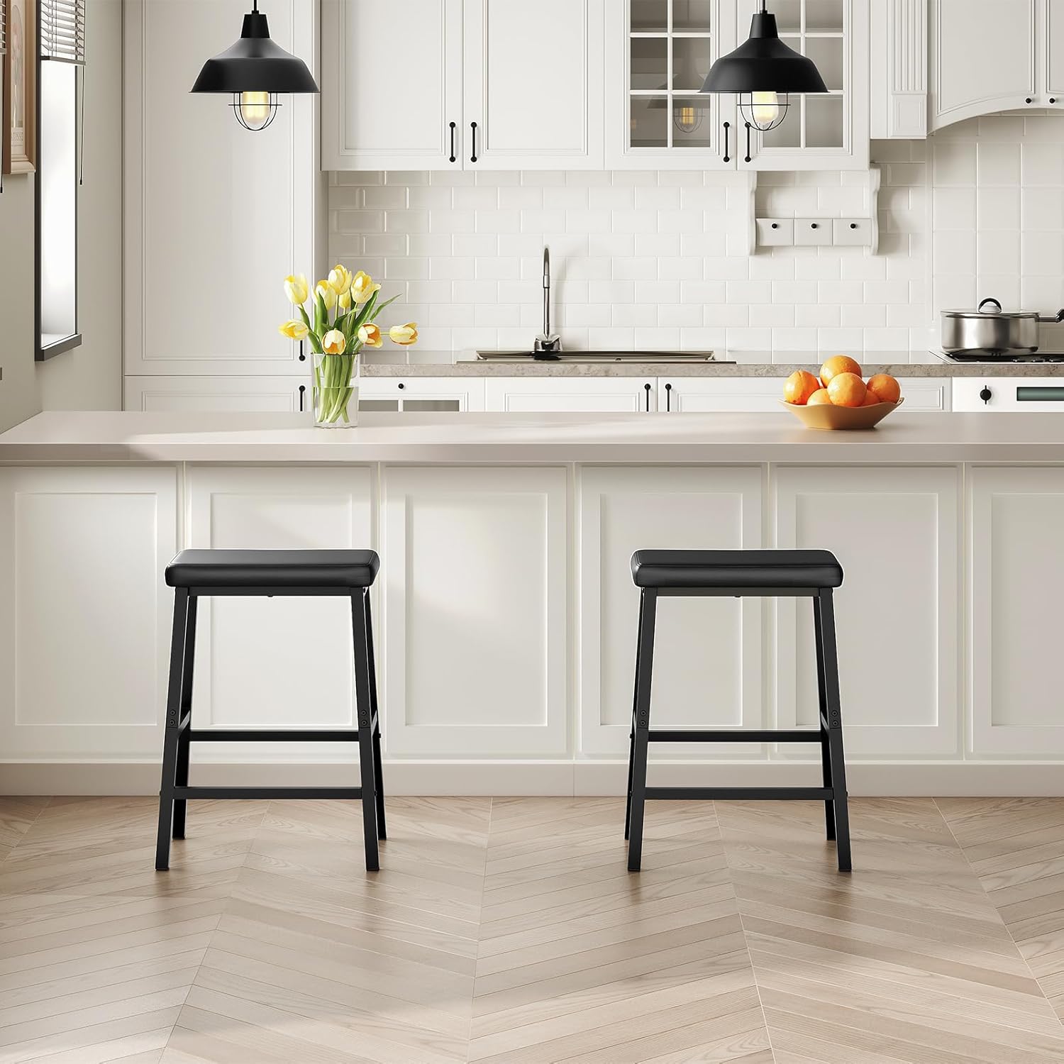 Bar Stools, 24" Set of 2 Bar Chairs, PU Leather Upholstered Breakfast Stools, Easy Assembly, Suitable for Kitchen, Bar, Dining Room, Black BB01MD01