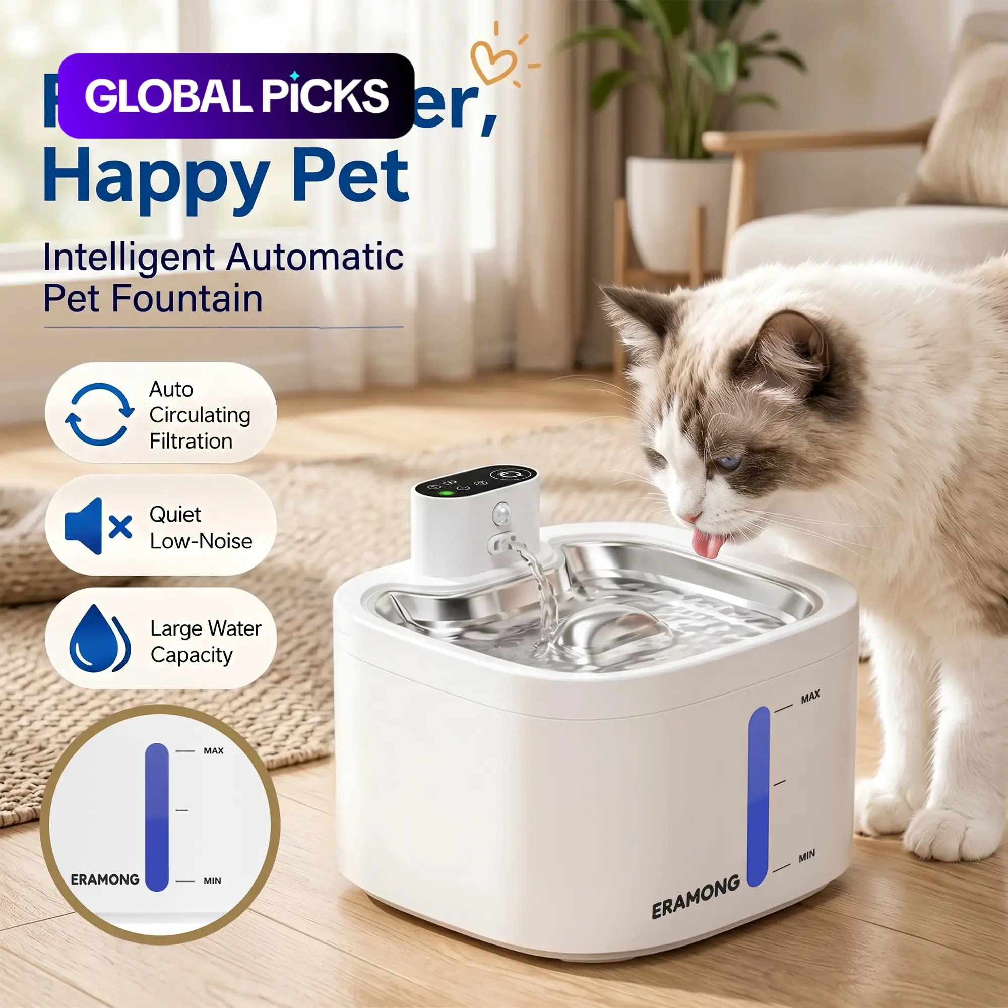 Wireless Cat Water Fountain, Pat Water Fountain, USB Rechargeable Pet Water Dispenser, 3.5L Capacity, Quiet Pump, Filtered Water, Easy Refill Design #GLOBAL PICKS