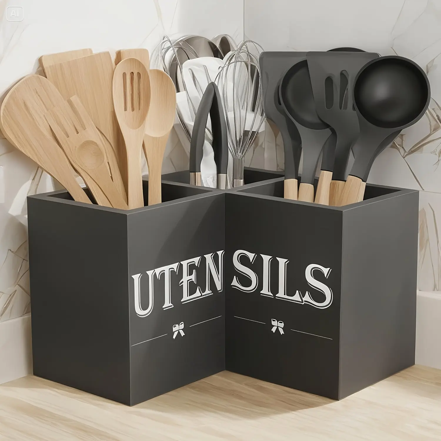 Multifunctional Storage Box Extra-Large Kitchen Utensil Storage Box with 3 Compartments - Wooden Countertop Organizer for Spatulas, Whisk, and Spoons - Black Farmhouse-Style Decor - Kitchen Storage and Organization Supplies