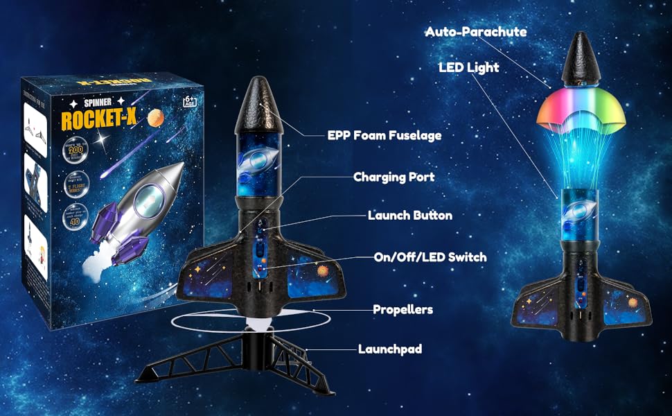 SUNDAY MIRTH Rocket Launcher for Kids -200 Feet of Flight Altitude, Auto Electric Rocket Toys with Safe Parachute, Outdoor Toys Easter Basket Stuffers Birthday Gifts for Boys & Girls Age 6 7 9 10 12 8-13 Years Old