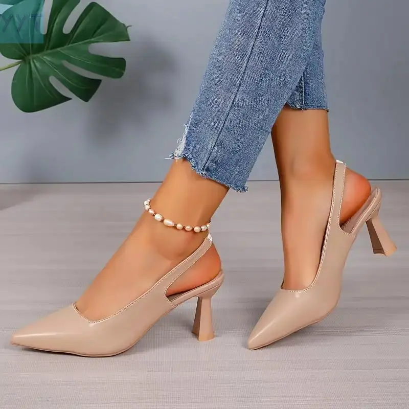 YYT1 Chic Female Stiletto Heel Shoes - Women's Pointed Toe Slingback, Breathable Microfiber Cover, Accent Detail, Versatile Wear for All Seasons, Stiletto Heels