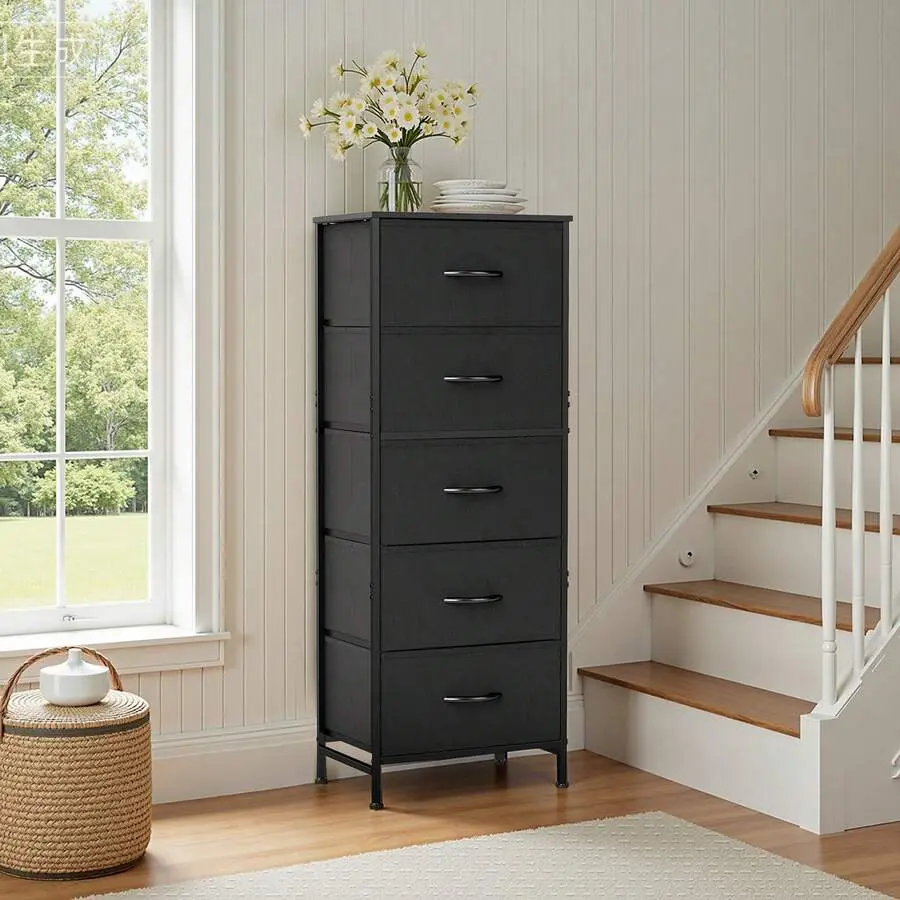 5 Drawer Dresser With Fabric Bins, Sturdy Steel Frame And Wood Top, Storage Organizer Chest For Bedroom, Closet, Hallway, Black,chabuildreark,farmhouse,coffee bar cabinet,lockable,,,unit,,jewelry,armoire,,tower,,cabinets,bathroom,mirror,woo,load,cap,tree,