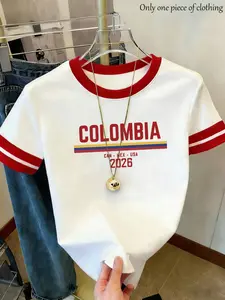 2026 Summer Retro Sporty Color-Block Tee,Multi-Color & Colombia Sports Print,Lightweight Breathable Cool & Soft,Daily & Campus & Music Fest,US 250th & N.America Game Day & Stadium Outfit,Back to School & Wedding & Halloween & BF & Xmas & NYE OOTD,Top Only