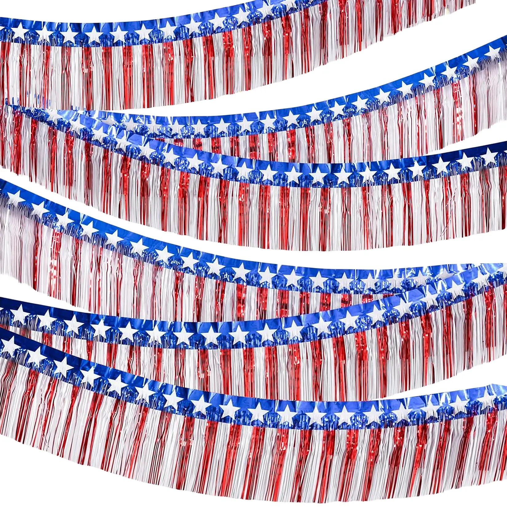 6 Pack Patriotic Red White Blue Tassel Banner Garland, 38x600cm Lightweight Durable Plastic Streamer Decorations for 4th of July Memorial Day Parade Float Outdoor Party