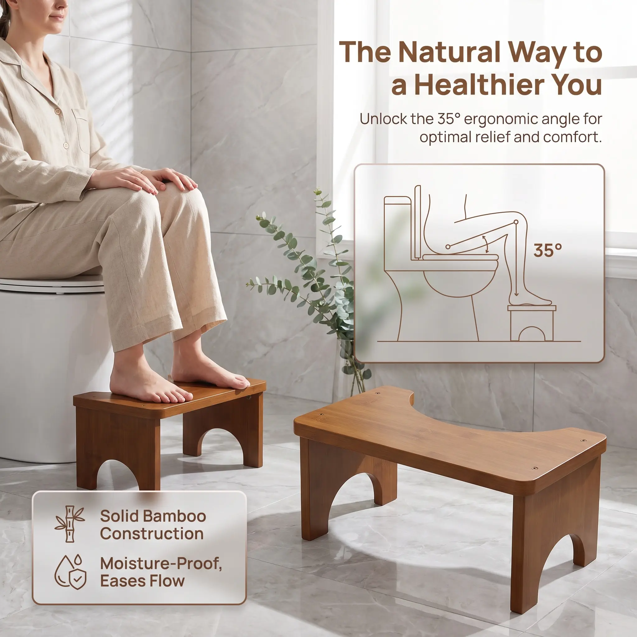 Bamboo Toilet Stool, Squatting Posture Modern Footstool with Height Support Cushion, Bamboo Wood for Bathroom Use-YY2