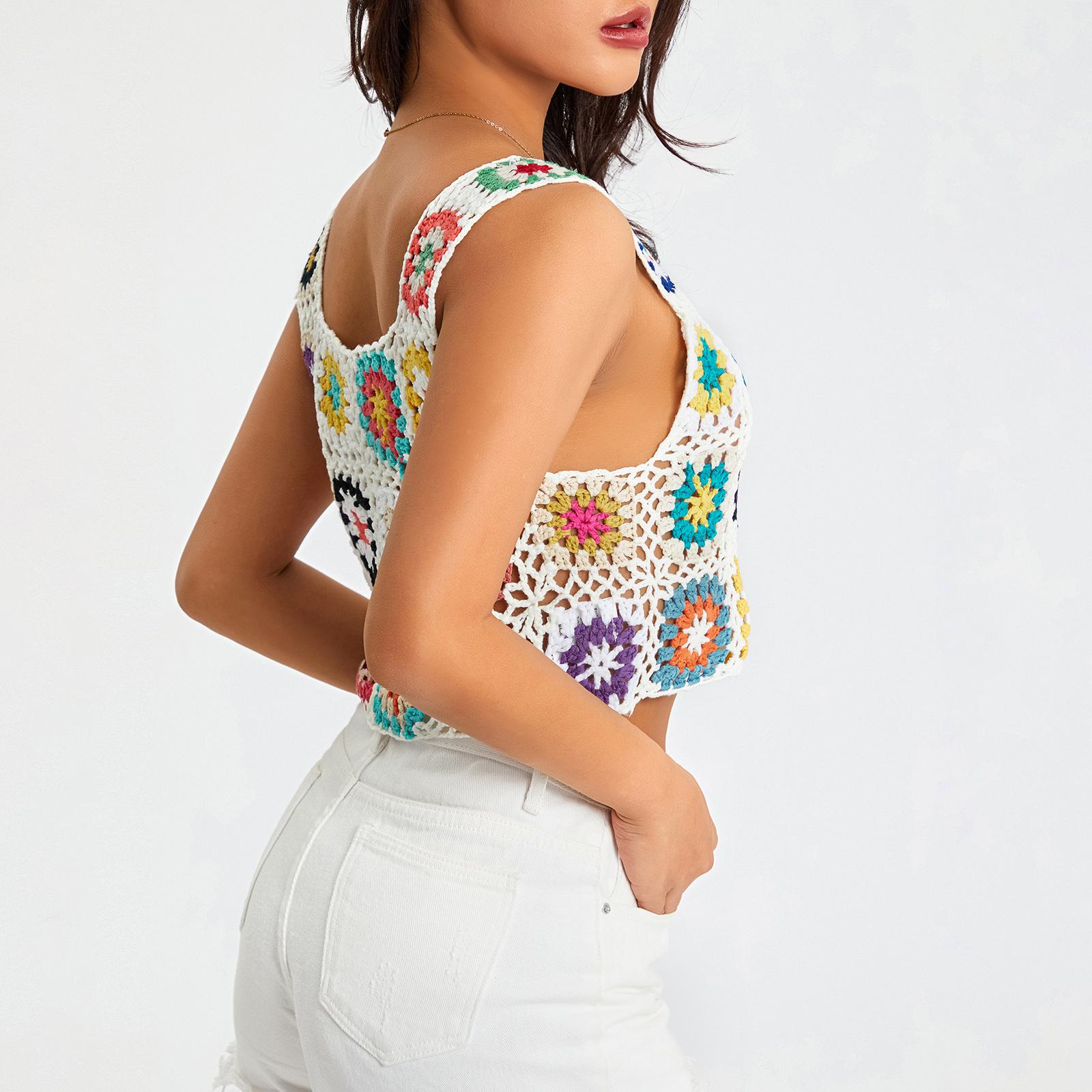 Women´s Summer Sleeveless Tops Ladies Female Colorful Hand Crochet Embroidery Openwork Knit Tank Tops Womenswear Streetwear