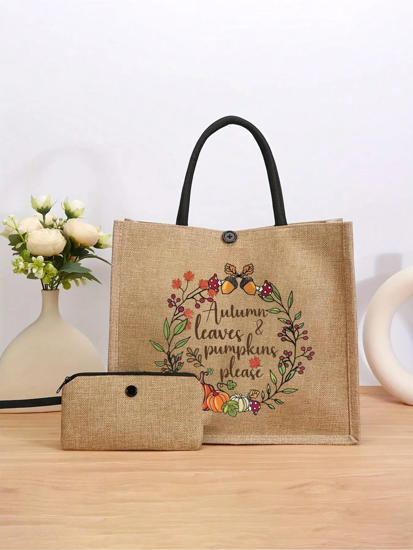 Autumn Leaf and Pumpkin Letter Pattern Linen Handbag Set, Includes Shoulder Bag, Crossbody Bag, Beach Bag, Small Wallet, Pencil Case, Pinecone, Maple Leaf Design