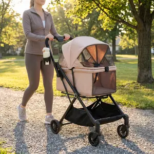 YJ-Garvee Lightweight Foldable Dog Stroller for Small to Medium Dogs and Cats with 4 Wheels, 360° Swivel Front Wheels & Foot Brake, Supports Up to 50 Lbs - Perfect for Travel, Walking, and Senior Pets