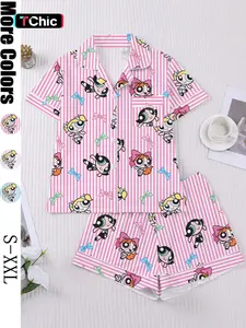 Women's Pajama Set, Cartoon Print, Short Sleeve Button Front Top, Elastic Waist Shorts, Comfortable Home Wear, Loungewear, All Seasons