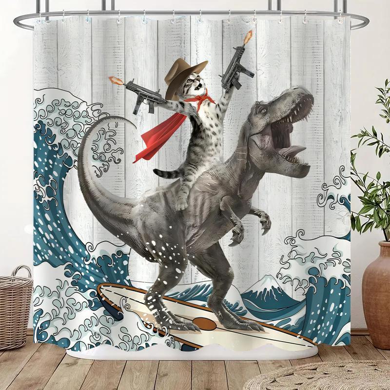 Dinosaur and Cat Pattern Removable Shower Curtain, Waterproof Bathroom Curtain with 12 Hooks, Decor for Home, Hotel, Apartment, Dorm and Spa