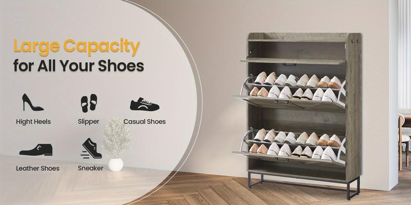 Farmhouse Style Freestanding Shoe Cabinet with 2 Flip Drawers, Large Capacity Storage for Entryway, Adjustable Compartments, Heavy Duty Build, Side Hooks Included, Oak Gray