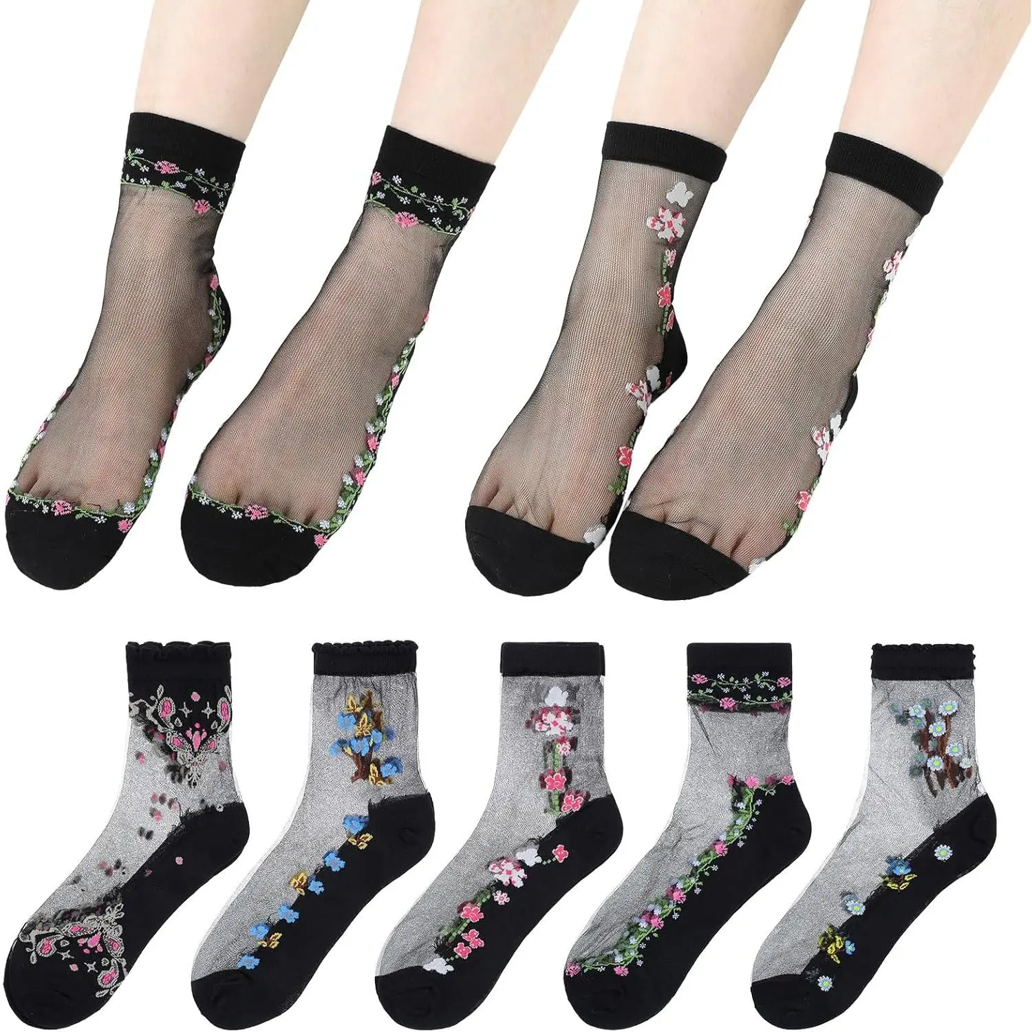 5 Pairs Womens Ankle Sheer Socks Transparent Embroidered Lace Socks Thin Floral Socks See Through Sock  Women Girls