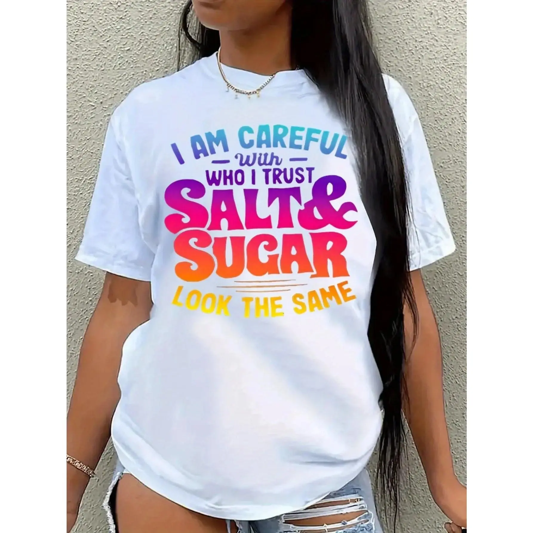 Women Casual Short Sleeve T Shirt Colorful Gradient Funny Slogan Print Crew Neck Loose Fit Summer Daily Wear Soft Breathable Streetwear Top for Teen Girls