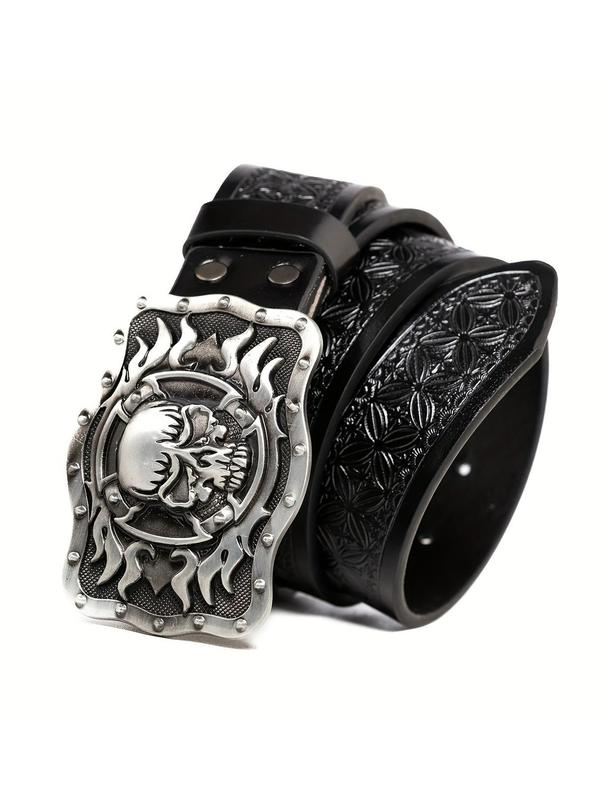 Cool Western Cowboy Flame Skull Belt, Vintage Gothic Casual Streetwear, Stylish Punk Fashion Pants Belt for Men
