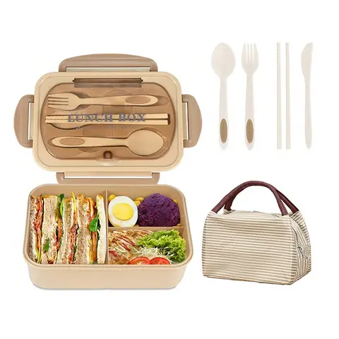 Adult Bento Lunch Box with Handle, 3-Compartment Food Container with Utensils, Condiment Pouch and Pancake Liner, Microwave- and Dishwasher-Safe Lunchbox, Portable Bento Box, for Camping, Picnics and Christmas Gift, Storage Lunch Boxes