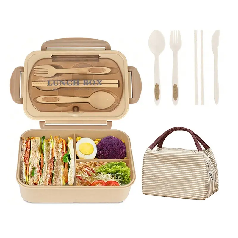 Adult Bento Lunch Box with Handle, 3-Compartment Food Container with Utensils, Condiment Pouch and Pancake Liner, Microwave- and Dishwasher-Safe Lunchbox, Portable Bento Box, for Camping, Picnics and Christmas Gift, Storage Lunch Boxes
